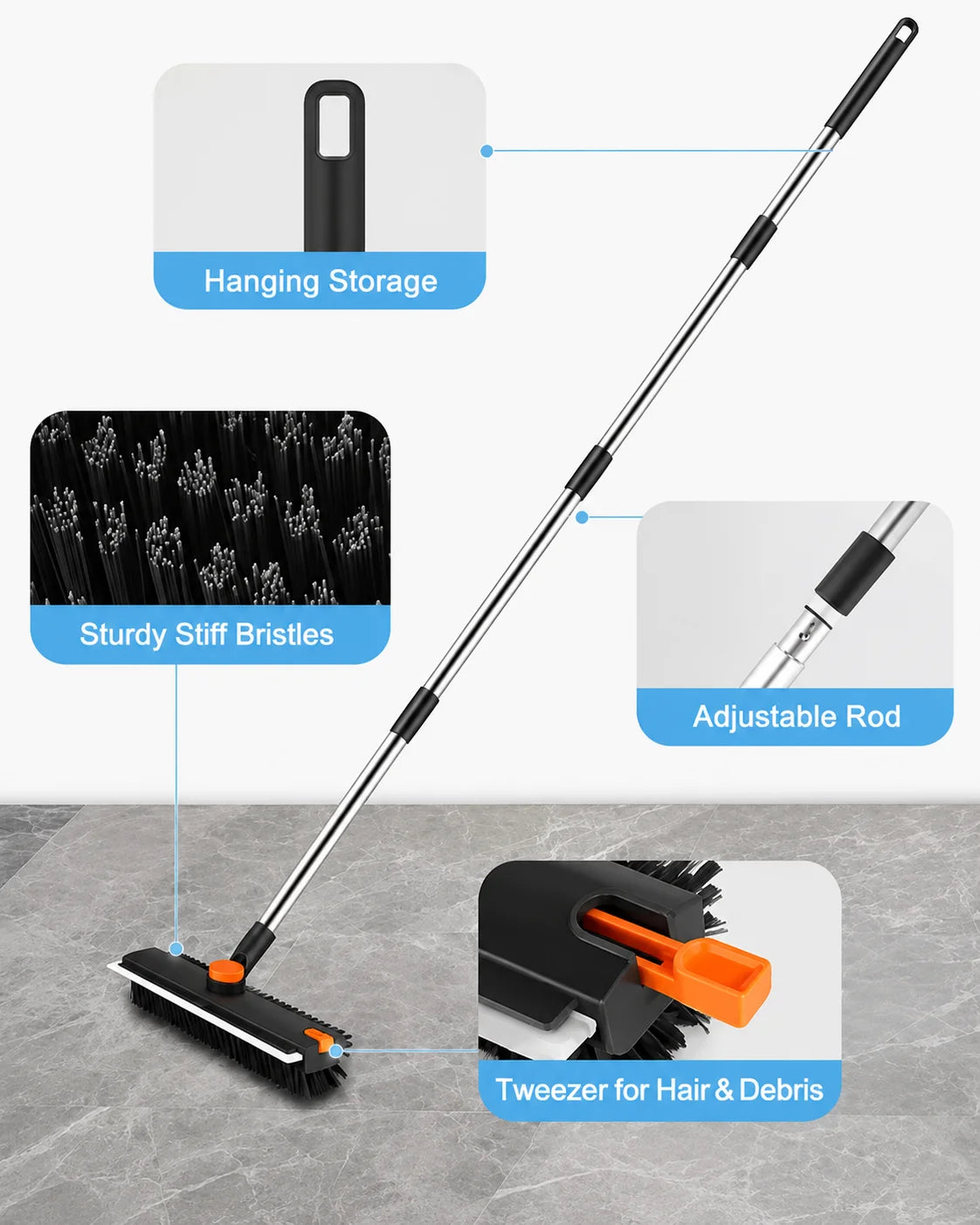 Long Handle Floor Scrub Brush With Squeegee And Tweezer Cleaner