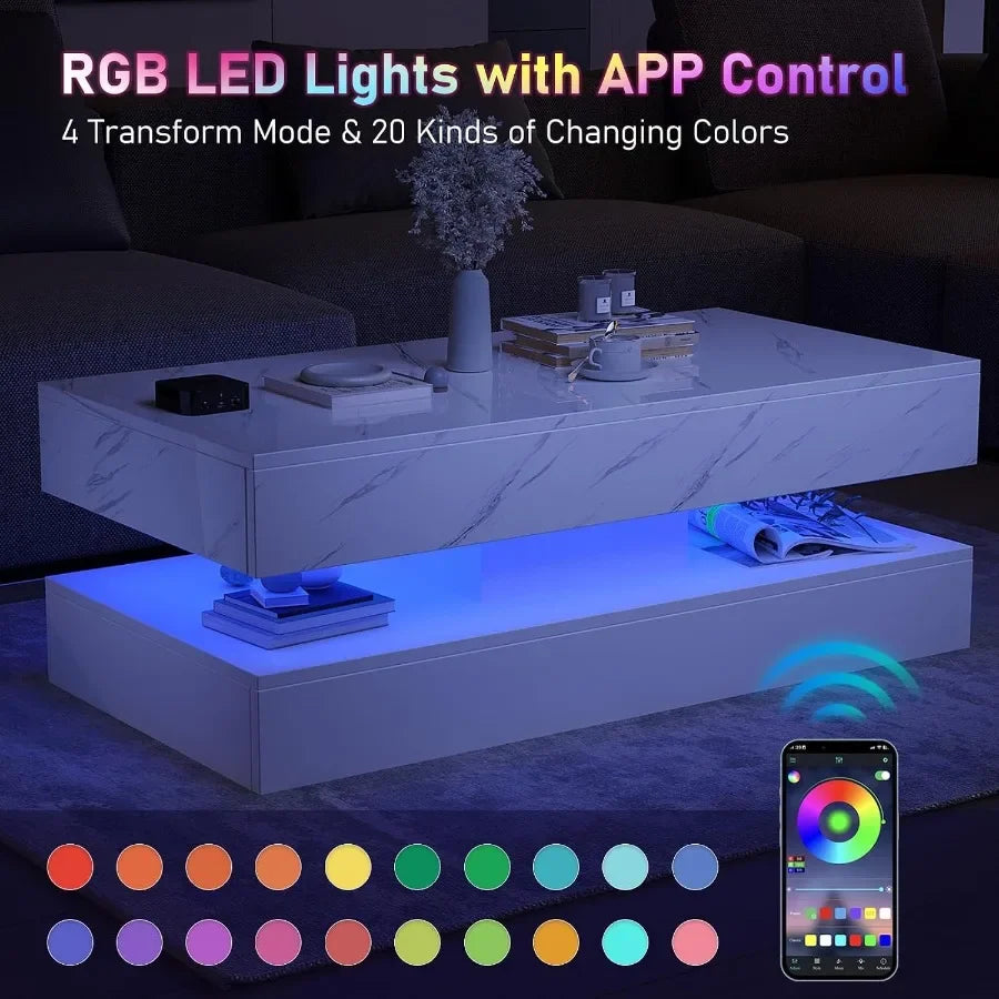 Modern Gloss LED Center Table With Two Tier Storage Drawers