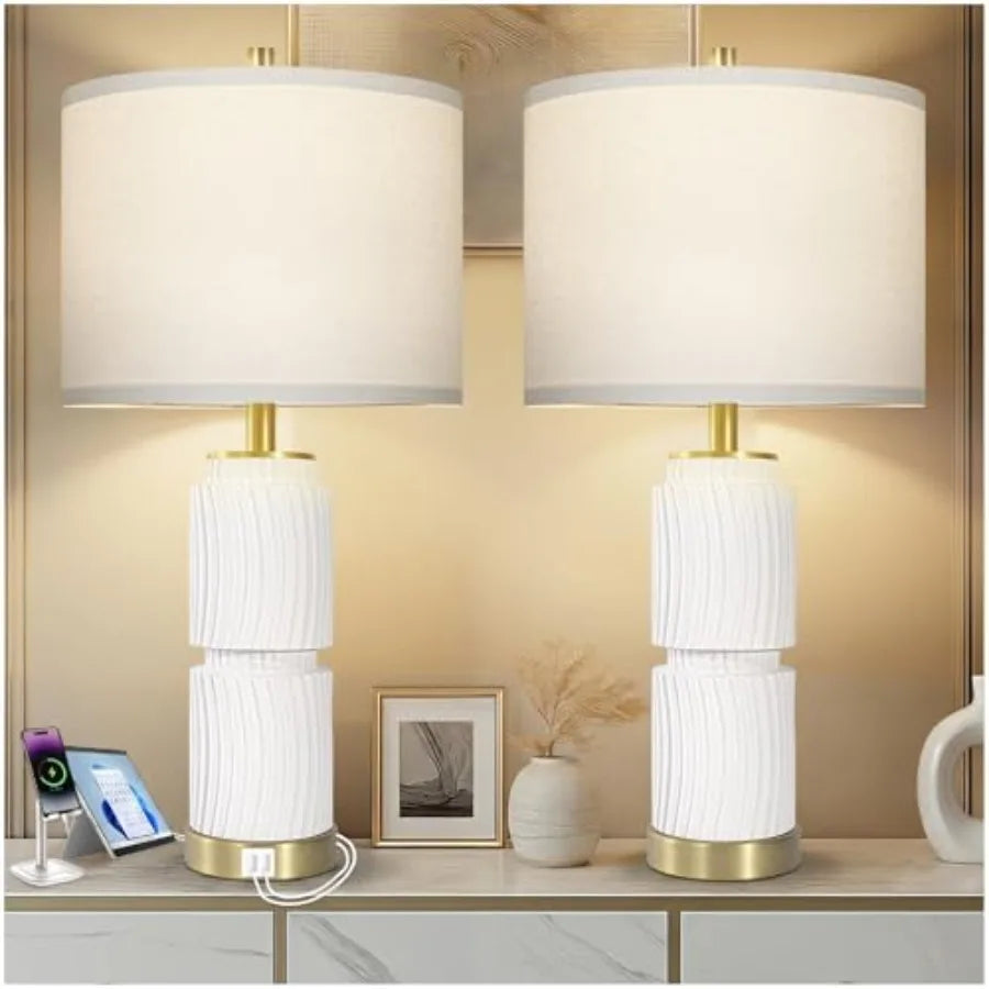 Boho Faux Stone Lamps Set with Dual USB Charging Ports
