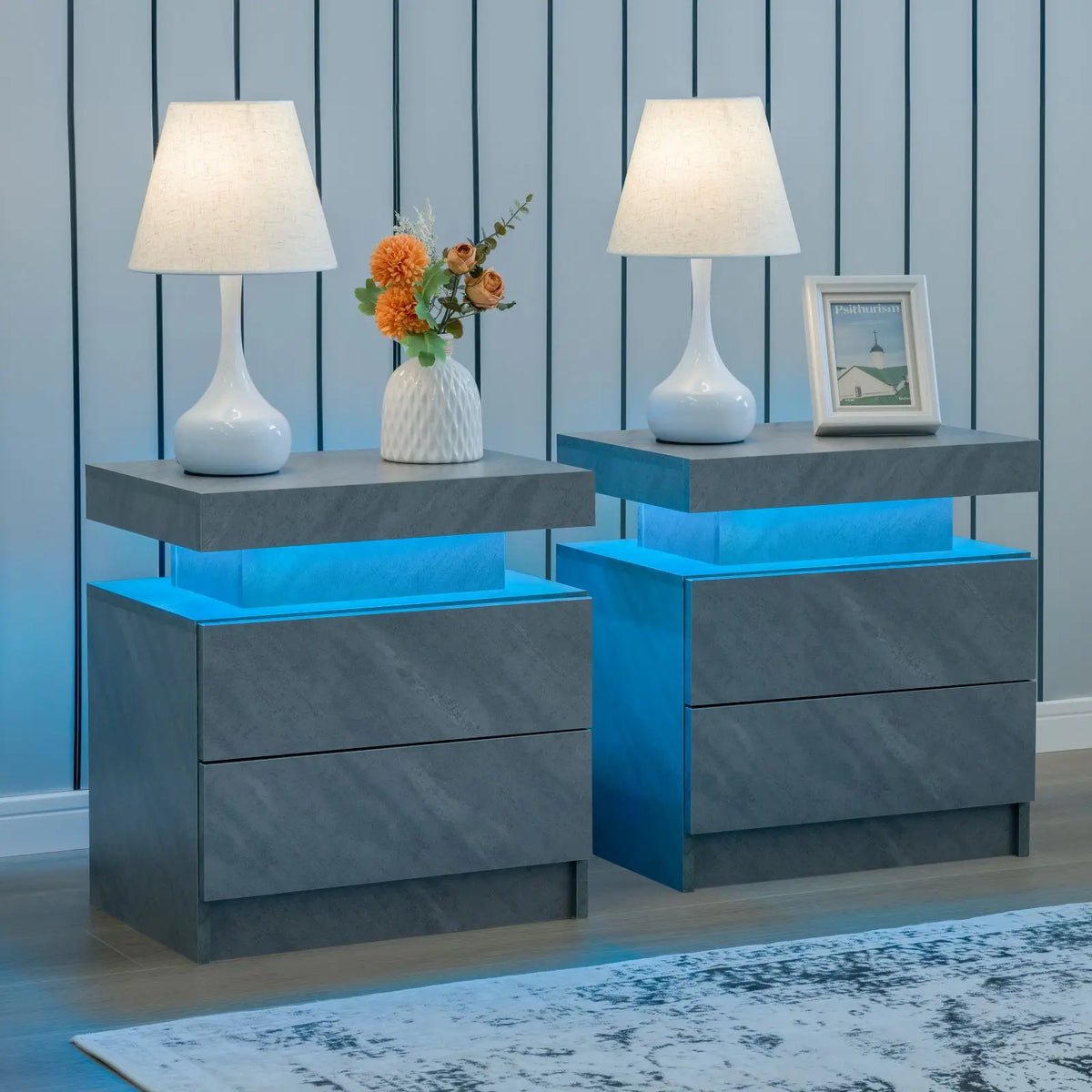Cubehom LED Nightstand Set With Two Drawers and Bedside Lighting