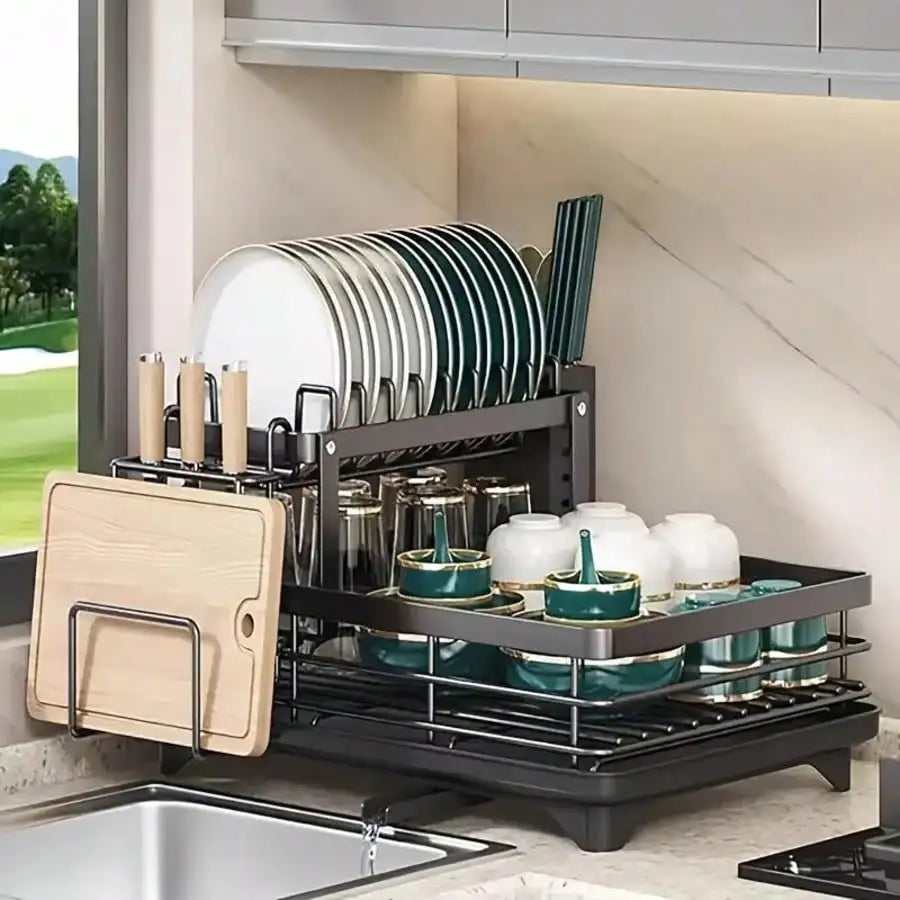 2size 2style storage rack can select for kitchen use This Double Large Metal Carbon Steel Cutlery Rack Is Perfect For Kitchen Countertops. It's Space-Saving And Durable, Featuring Knife, Fork, And Cup Holders, As Well As A Dr