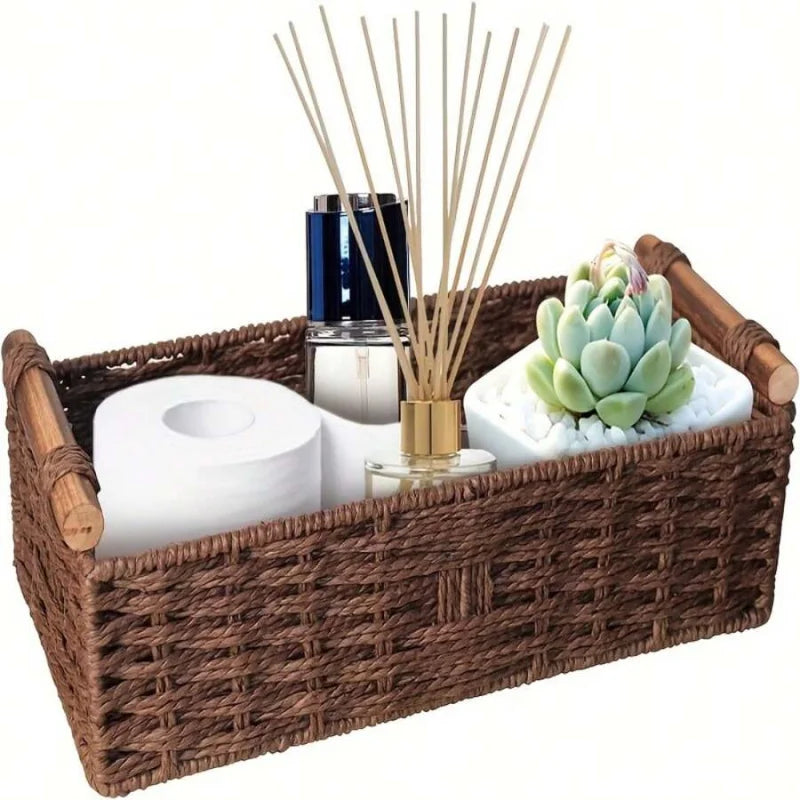Handcrafted Bamboo Storage Basket With Integrated Toilet Paper Shelf