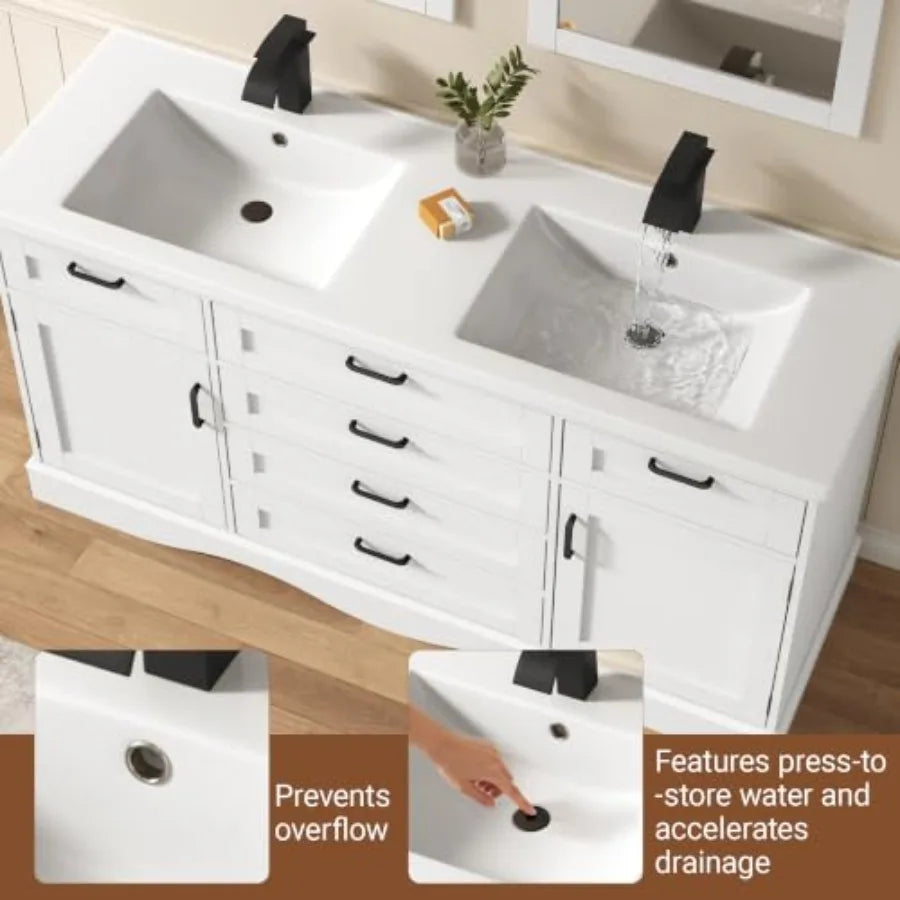 Bathroom vanity cabinet with double sink for modern bathrooms, MDF wood in white finish, featuring 2 storage doors and 3 flip-t