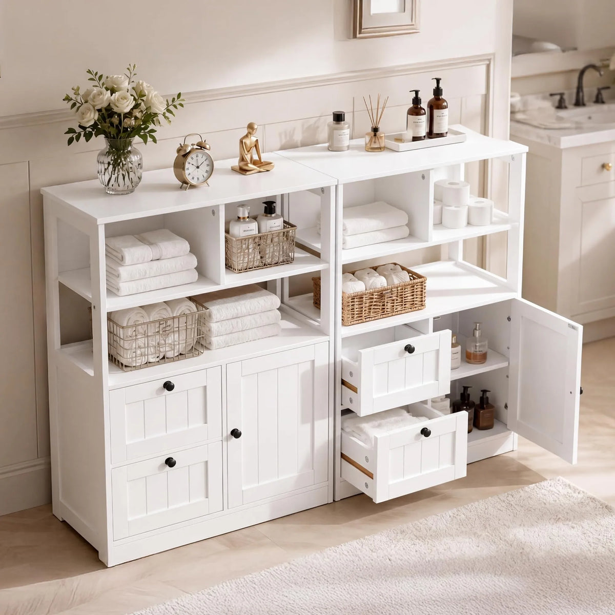 Freestanding Farmhouse Bathroom Storage Cabinet With Adjustable Shelves