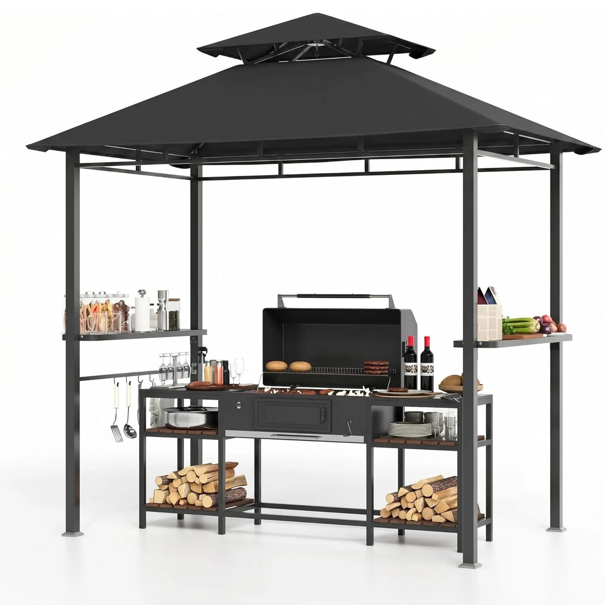 Outdoor BBQ Grill Gazebo 8x5 FT, Double Roof Vented Patio Canopy Tent With 2 Side Shelves For Backyard Cooking