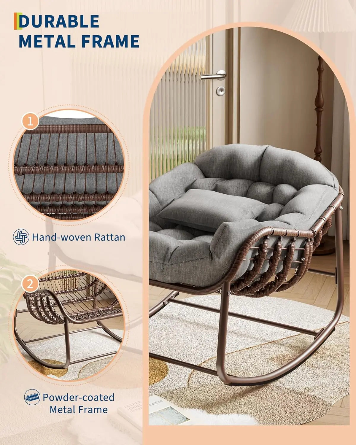 HiMISS Papasan Egg Rocking Chair Outdoor Wicker Frame With Cushion