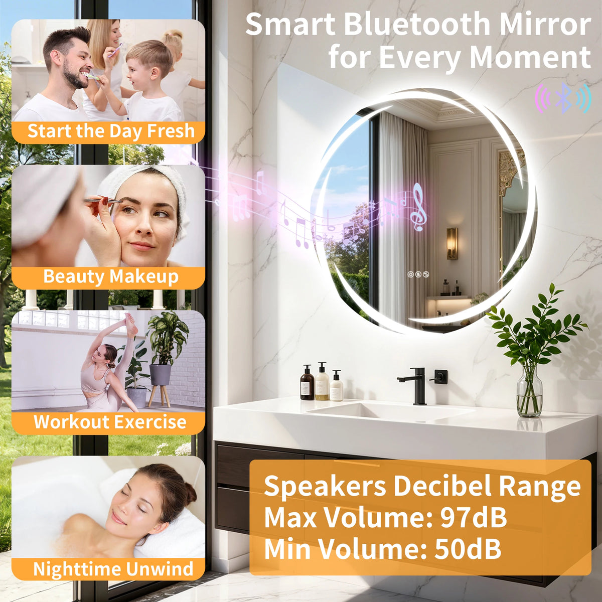 Round LED Bathroom Mirror With Bluetooth Speakers And Defogging