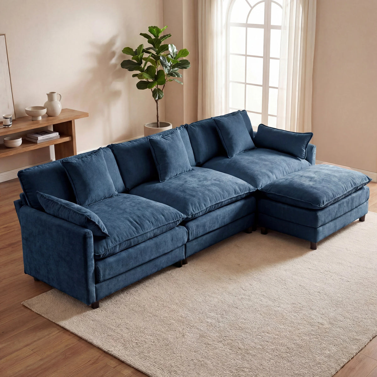 Redlife 107" Modular Sectional Sofa Set with Ottoman, L-Shaped Convertible Couch, 3-Seats Chenille Deep Seat Sofa with Pillows for Living Room, Bedroom and Apartment