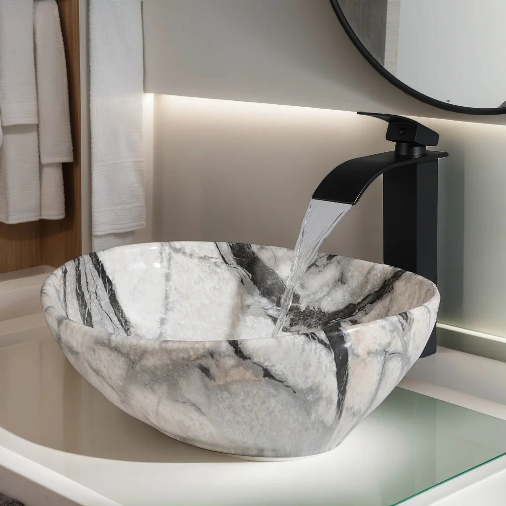 Mekkhala Ceramic Rectangular Bathroom Vessel Sink Set With Faucet