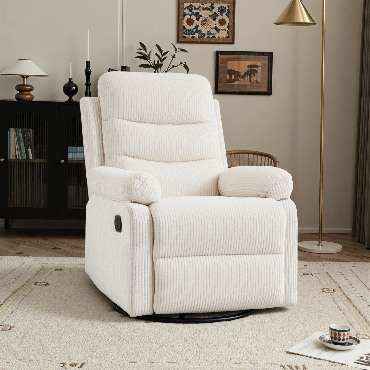 GaoHappy Corduroy Fabric Swivel Rocker Recliner Chair With Manual Adjustment