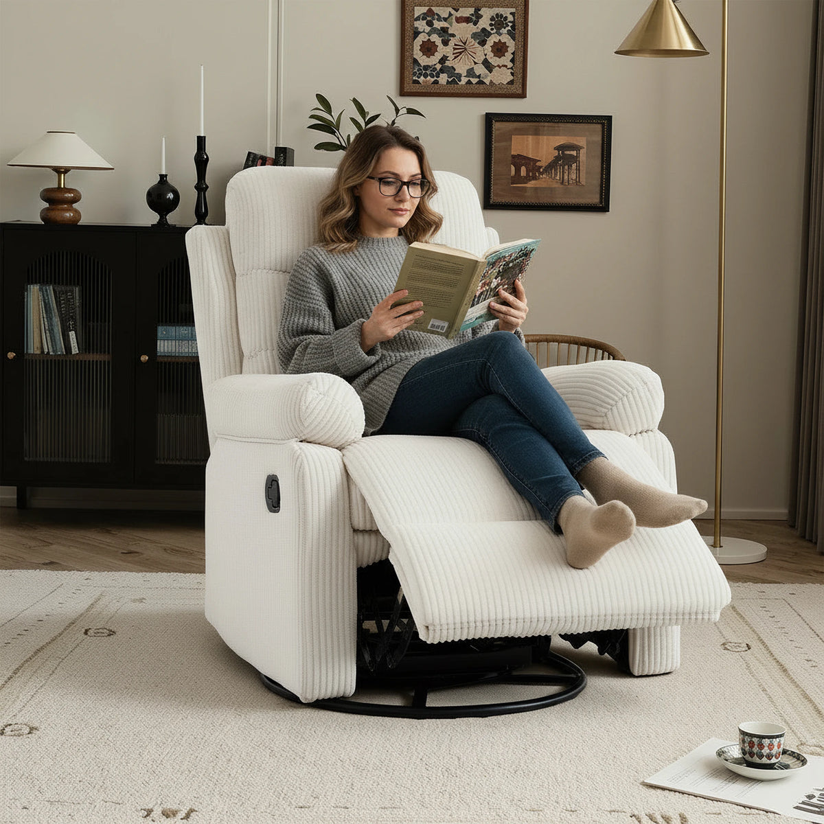 GaoHappy Corduroy Fabric Swivel Rocker Recliner Chair With Manual Adjustment