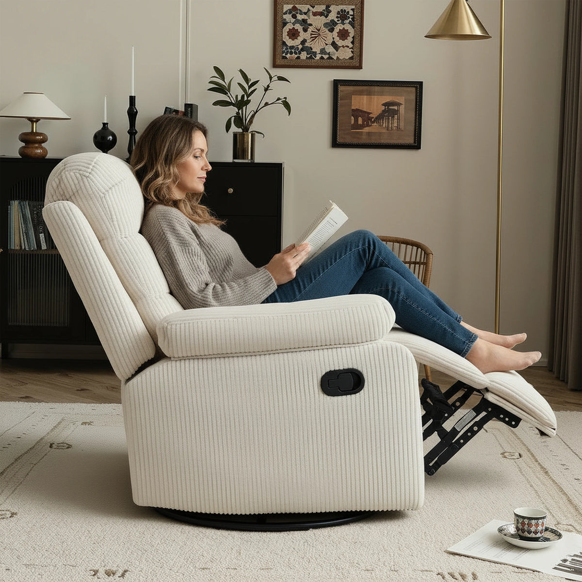 GaoHappy Corduroy Fabric Swivel Rocker Recliner Chair With Manual Adjustment