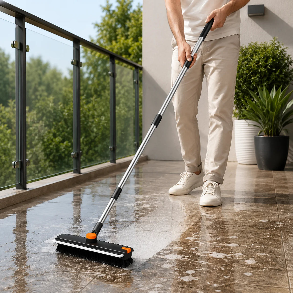 Long Handle Floor Scrub Brush With Squeegee And Tweezer Cleaner