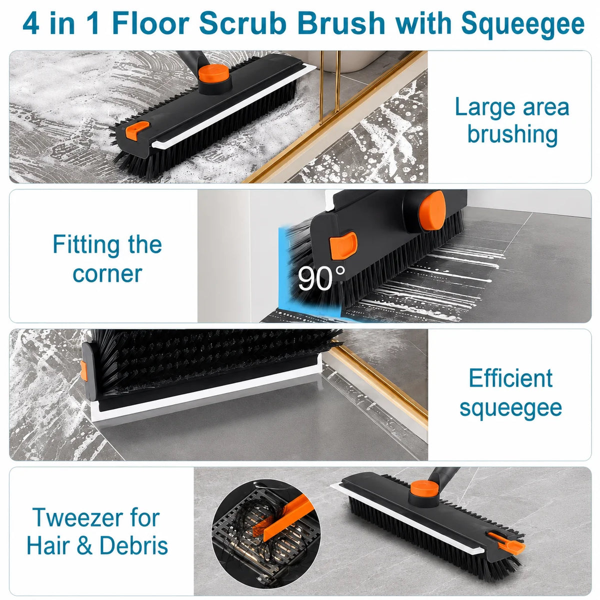 Long Handle Floor Scrub Brush With Squeegee And Tweezer Cleaner