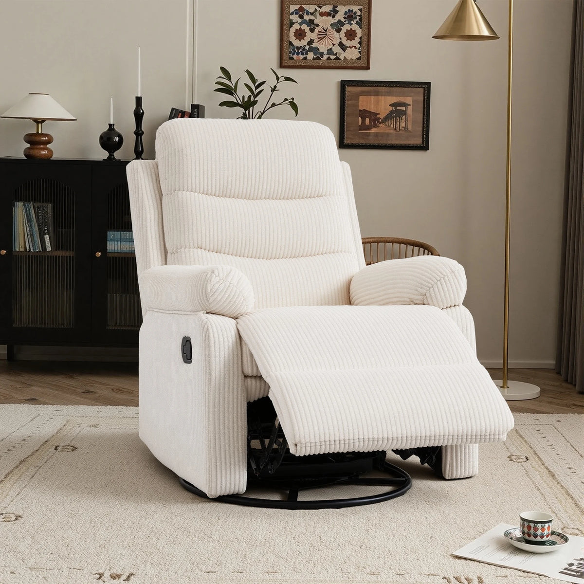 GaoHappy Corduroy Fabric Swivel Rocker Recliner Chair With Manual Adjustment