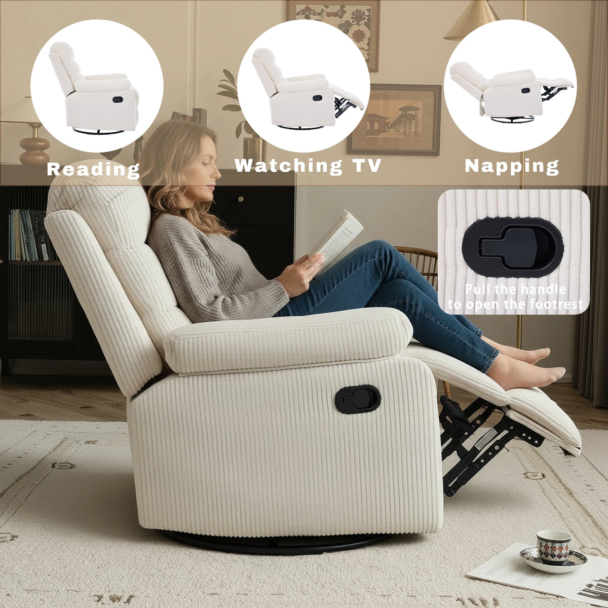 GaoHappy Corduroy Fabric Swivel Rocker Recliner Chair With Manual Adjustment