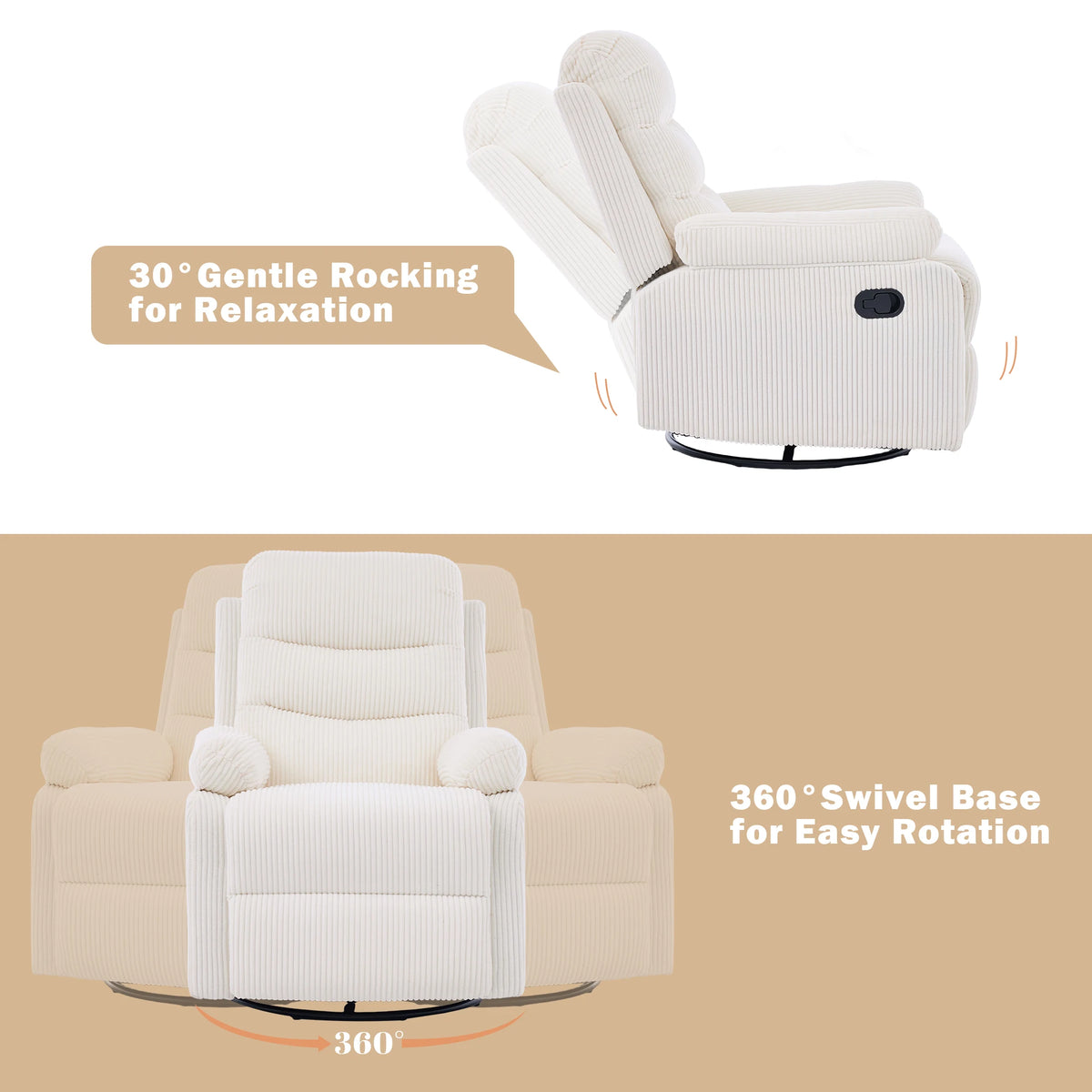 GaoHappy Corduroy Fabric Swivel Rocker Recliner Chair With Manual Adjustment