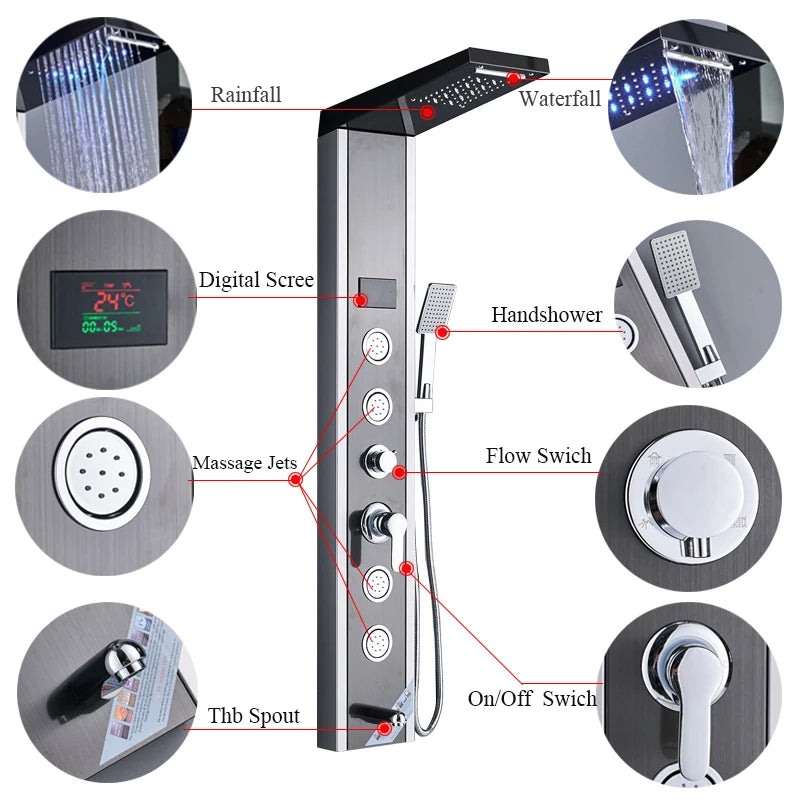 Shinesia LED Shower Panel With Rainfall Massage Jets Faucet System