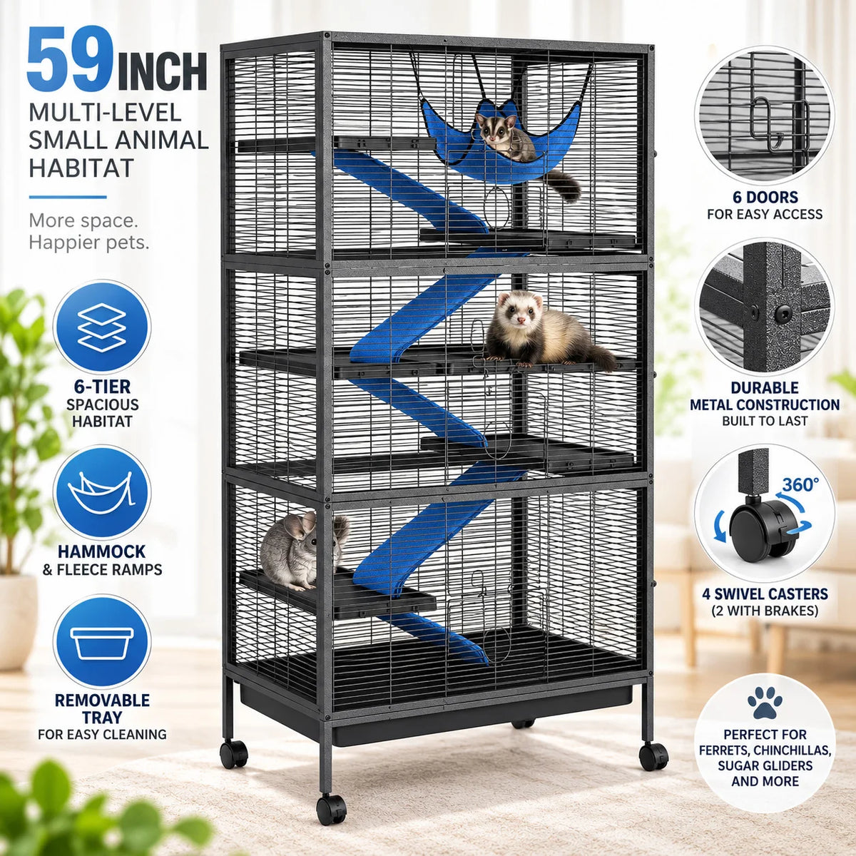 Multi Level Small Animal Cage With Hammock Ramps And Wheels