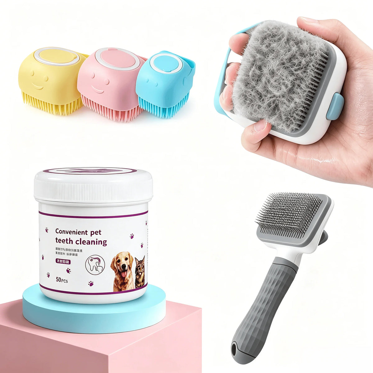 Pet Grooming Kit Deshedding Bath Brushes Finger Wipes For Pets