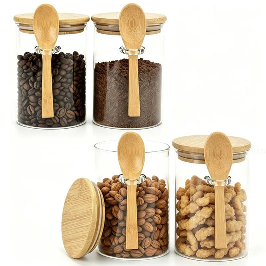 Airtight Glass Food Storage Canisters With Wooden Spoons And Lids