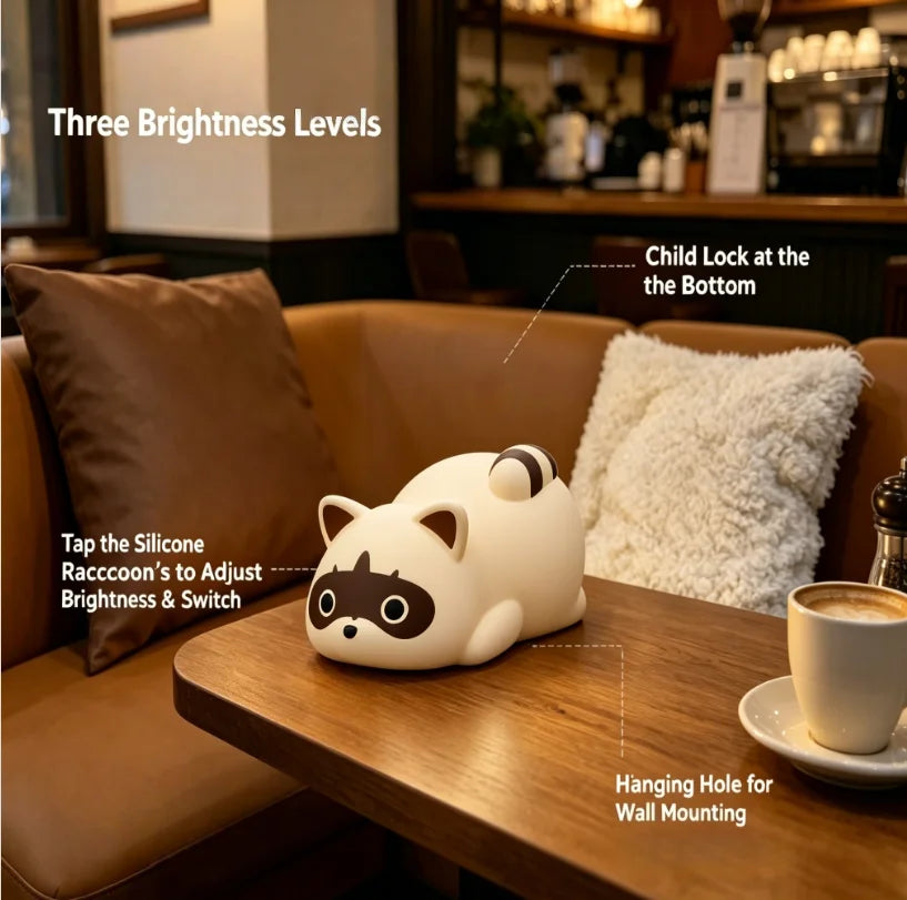Portable Silicone Raccoon Rechargeable Night Lamp With Three Dimmable Modes
