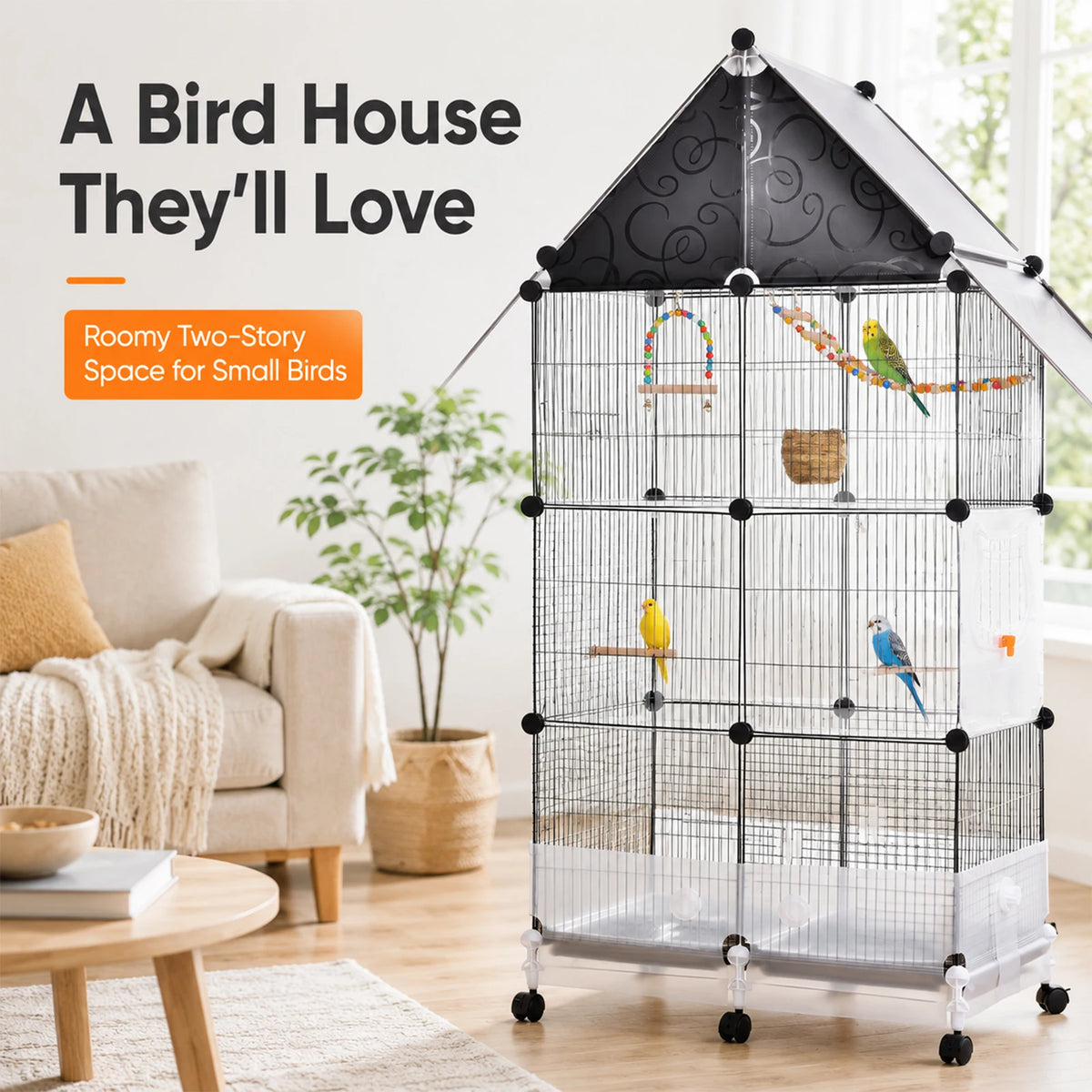 Large Bird Cage With Acrylic Door, Perches, Tray And Casters