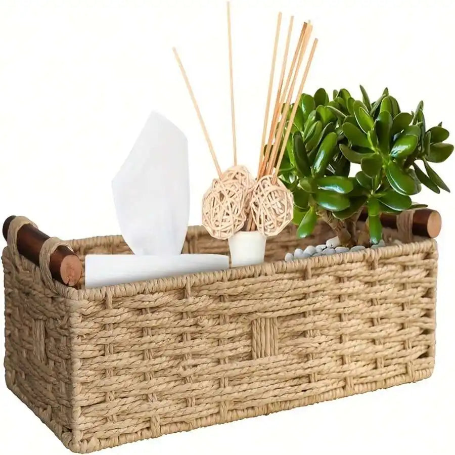 Handcrafted Bamboo Storage Basket With Integrated Toilet Paper Shelf