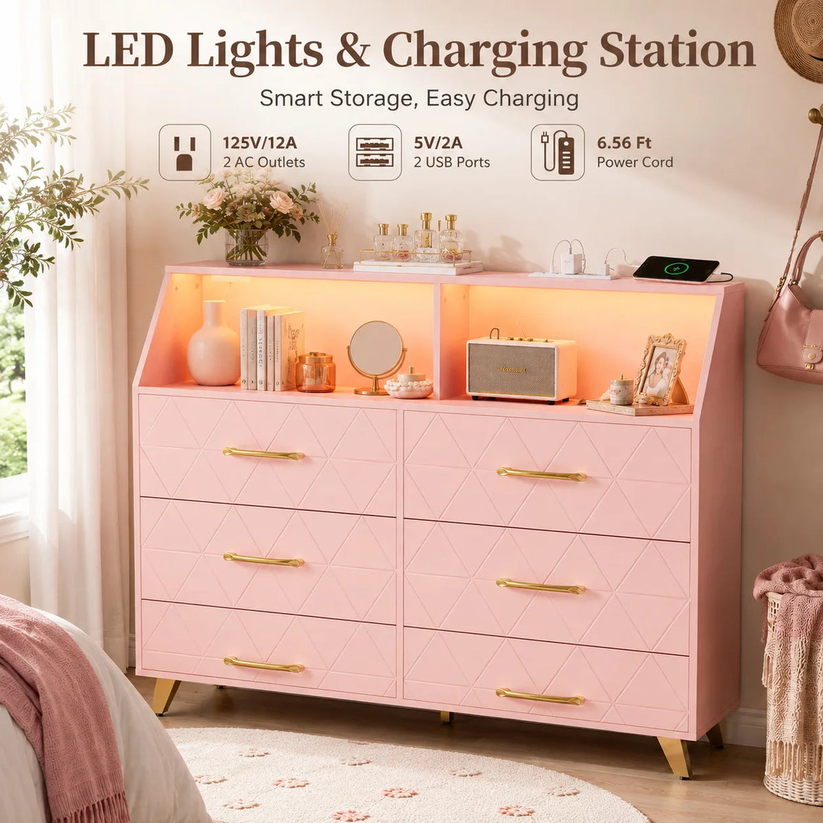 Six Drawer Wooden Dresser With Integrated Led Charging Station