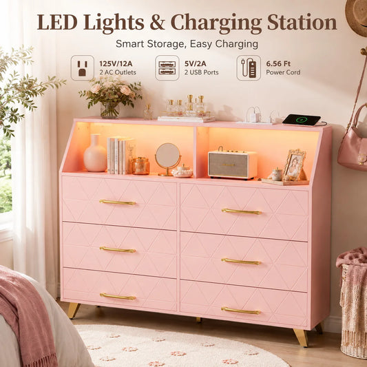 Six Drawer Wooden Dresser With Integrated Led Charging Station