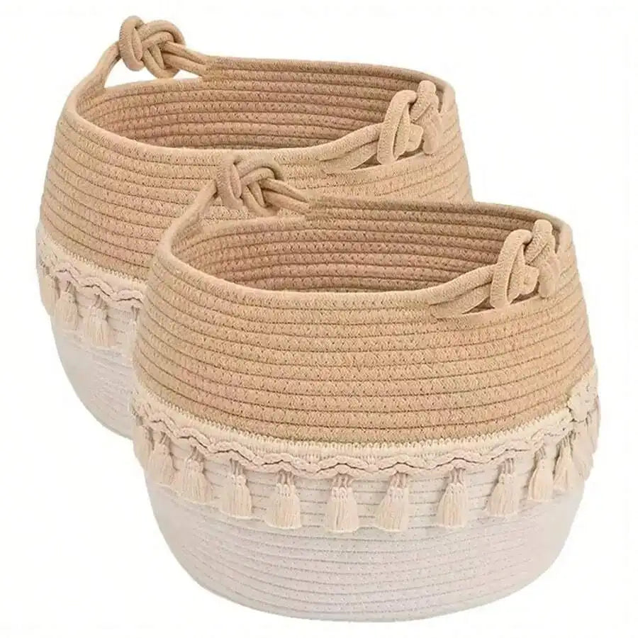 Bamboo Woven Bohemian Toy Storage Basket With Fringe Decor
