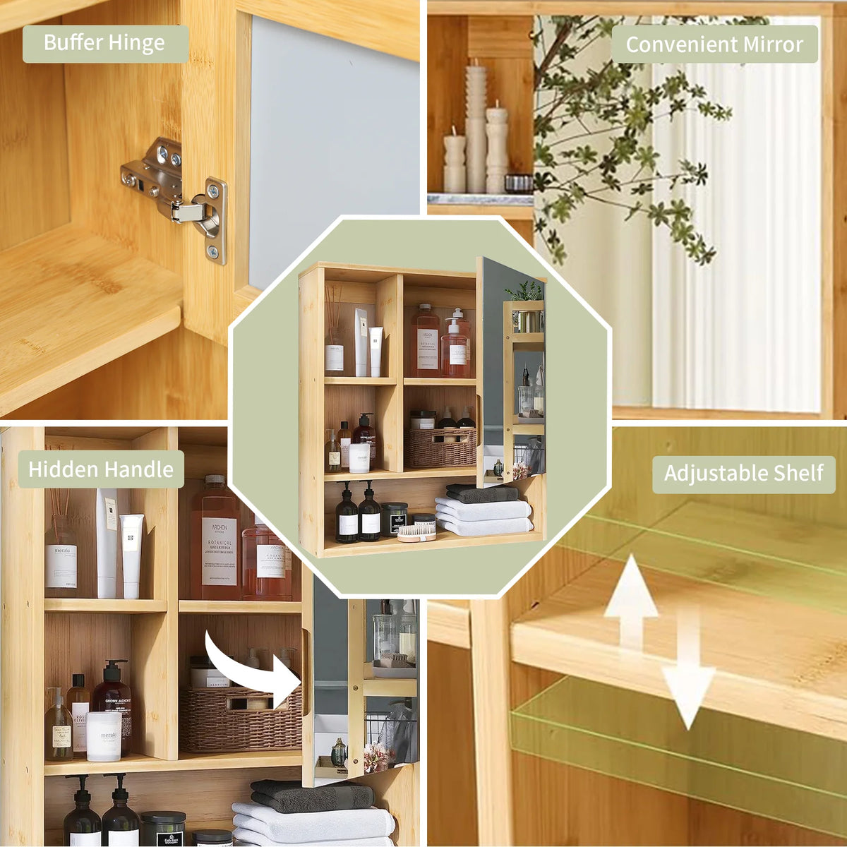 Bamboo Wall Mounted Medicine Cabinet With Mirror And Storage