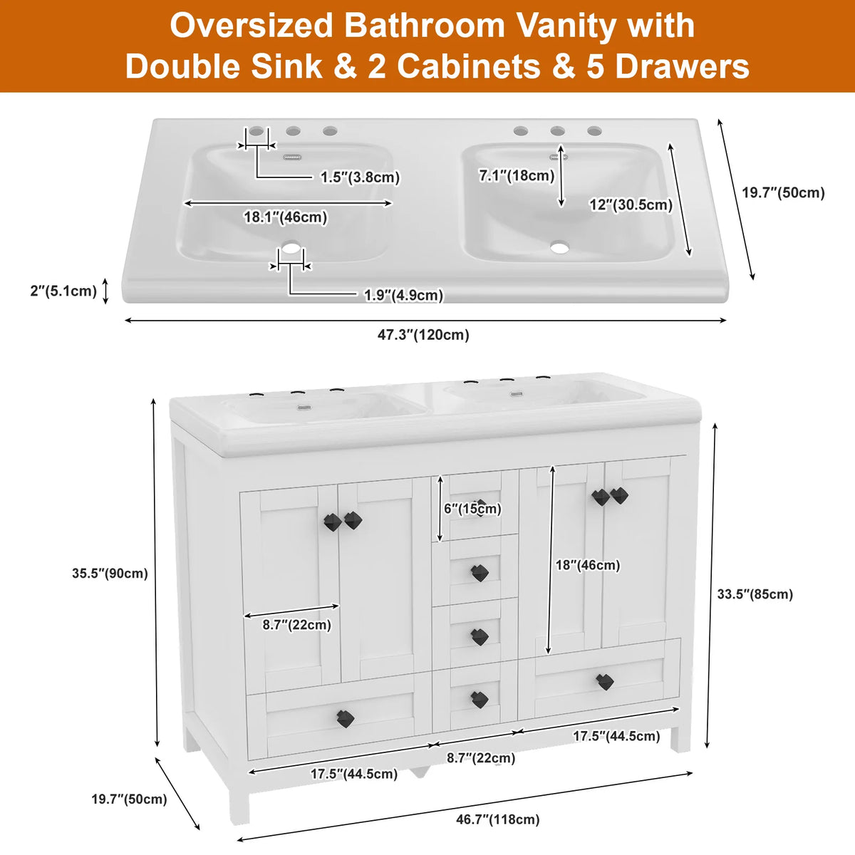 47.3 Inch White Bathroom Vanity Double Ceramic Sink Freestanding Cabinet with Doors & Drawers Modern Bathroom Storage Vanity Cabinet with Sink Combo