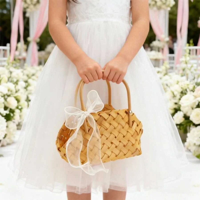 Bamboo Woven Basket With Bow Handles For Dried Floral Arrangements