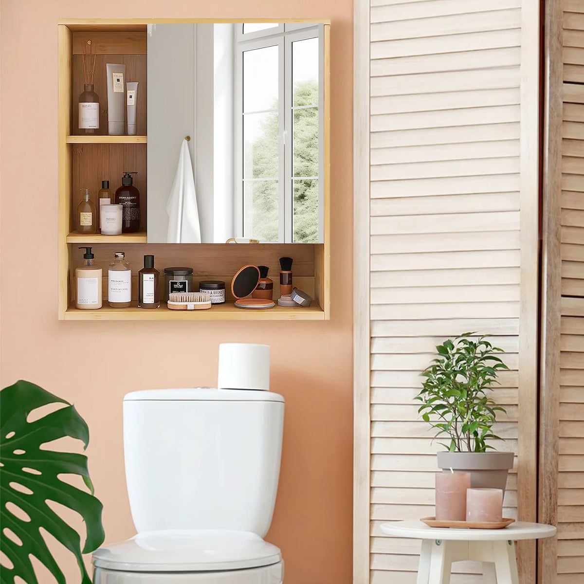 Bamboo Wall Mounted Medicine Cabinet With Mirror And Storage