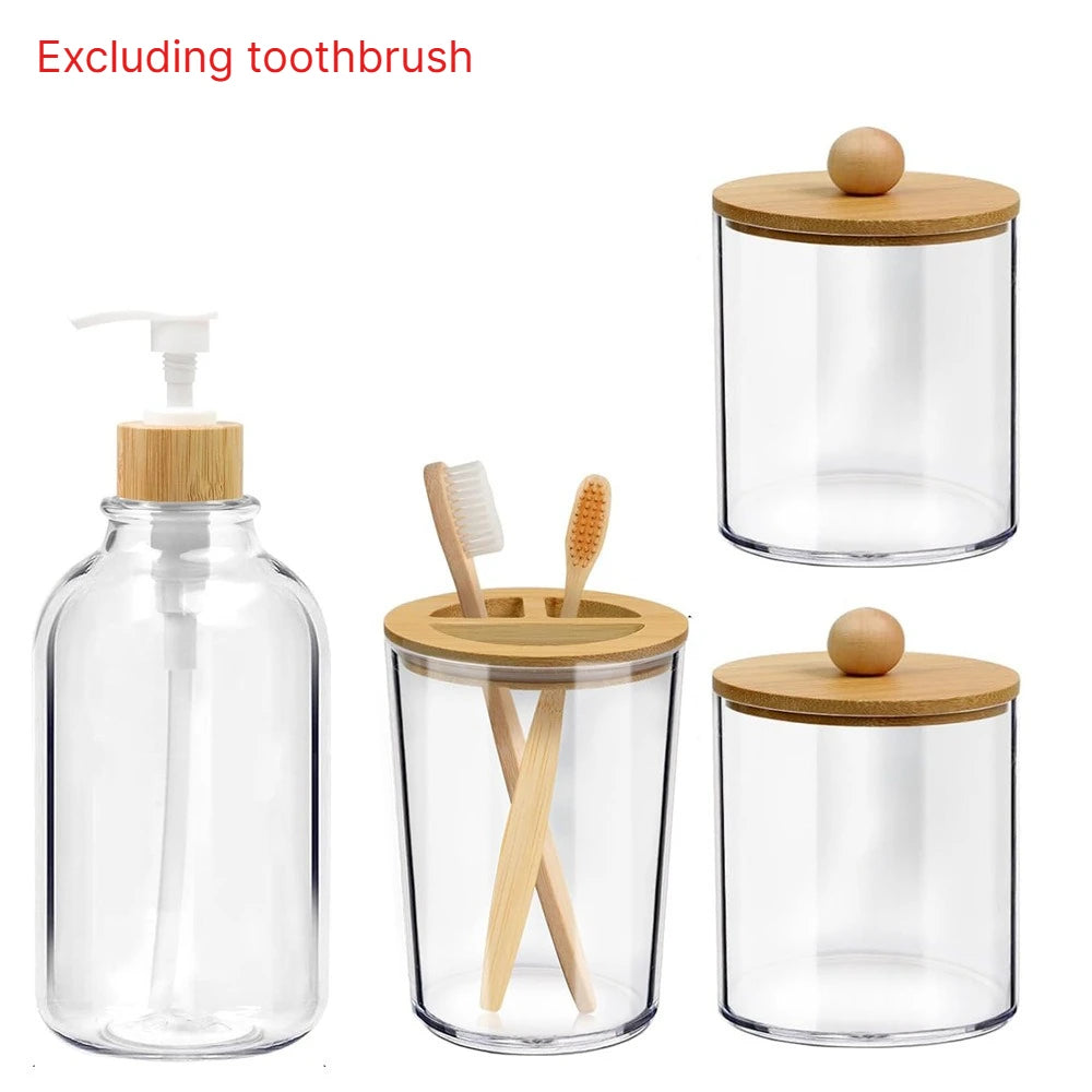 Bamboo Bathroom Set With Soap Dispenser Toothbrush Holder Storage Jars