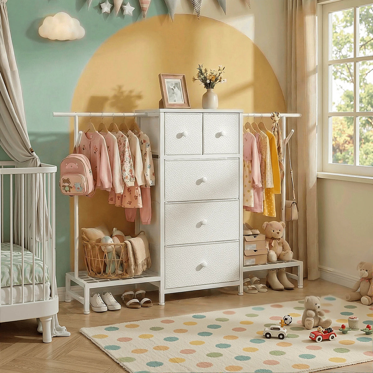 EnHomee 3-In-1 Dresser And Hanging Rack With Five Drawers