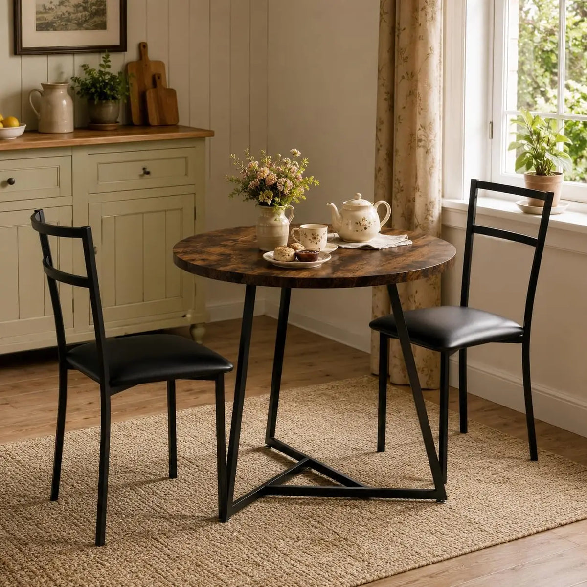 Modern Round Dining Table Set With Two Upholstered Chairs
