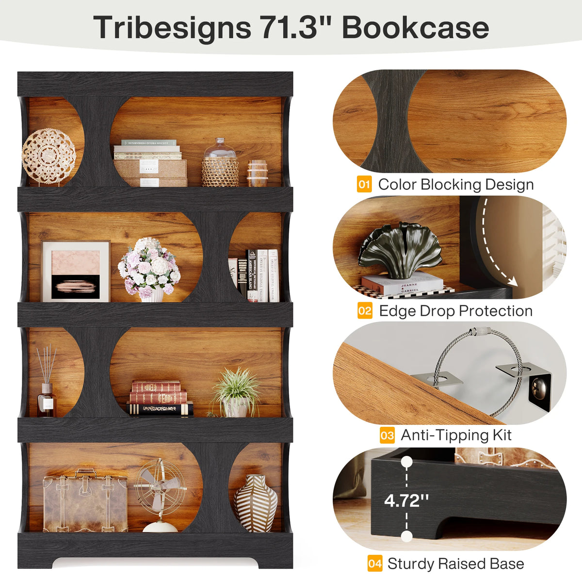 Tribesigns Four Tier Wooden Bookcase With Decorative Storage Shelves