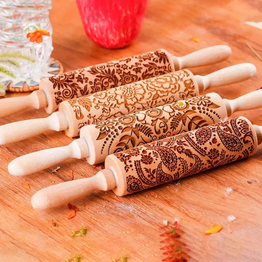 Wooden Sunflower Embossed Rolling Pin For Baking And Pastry