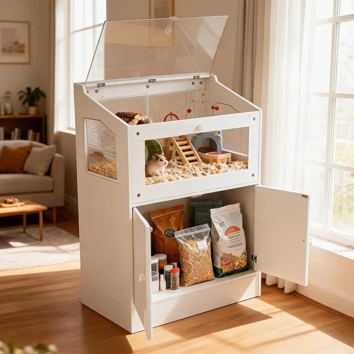 Hamster Cage With Storage Cabinet And Clear Acrylic Panels