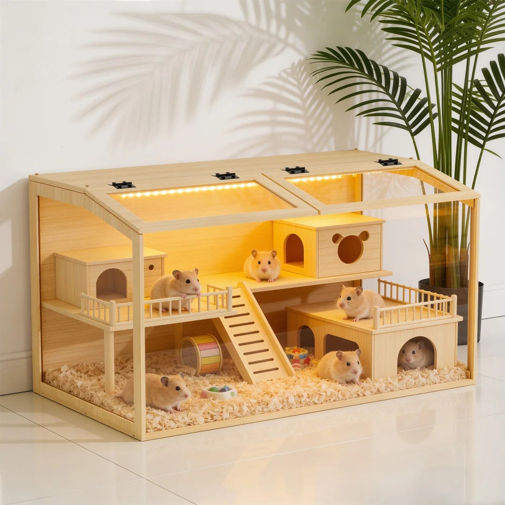 Wooden Hamster Habitat With Tempered Glass And LED Lighting