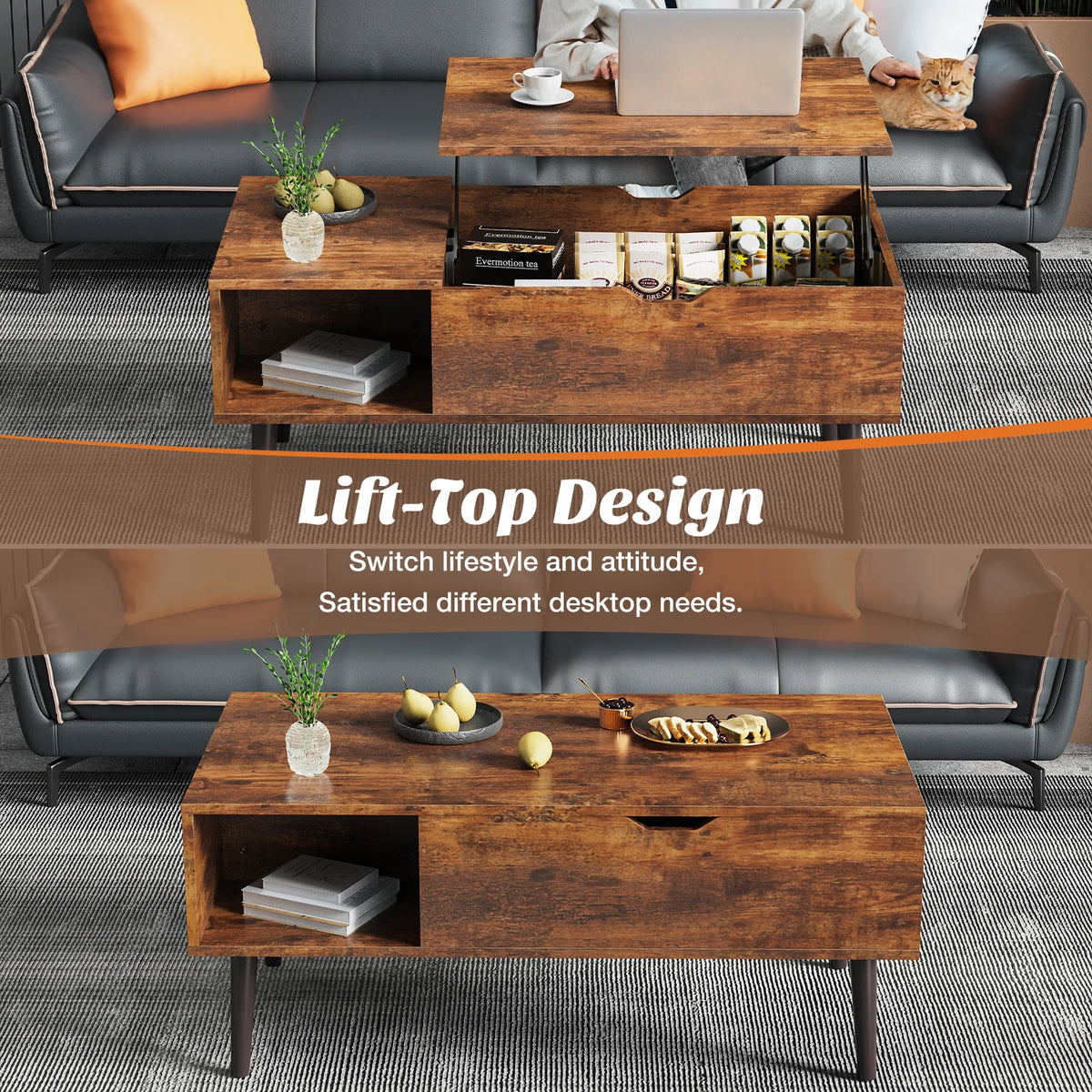 MCQ Lift Top Wooden Coffee Table With Adjustable Storage Shelf