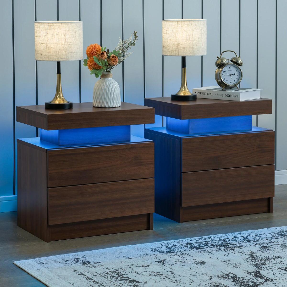 Cubehom LED Nightstand Set With Two Drawers and Bedside Lighting