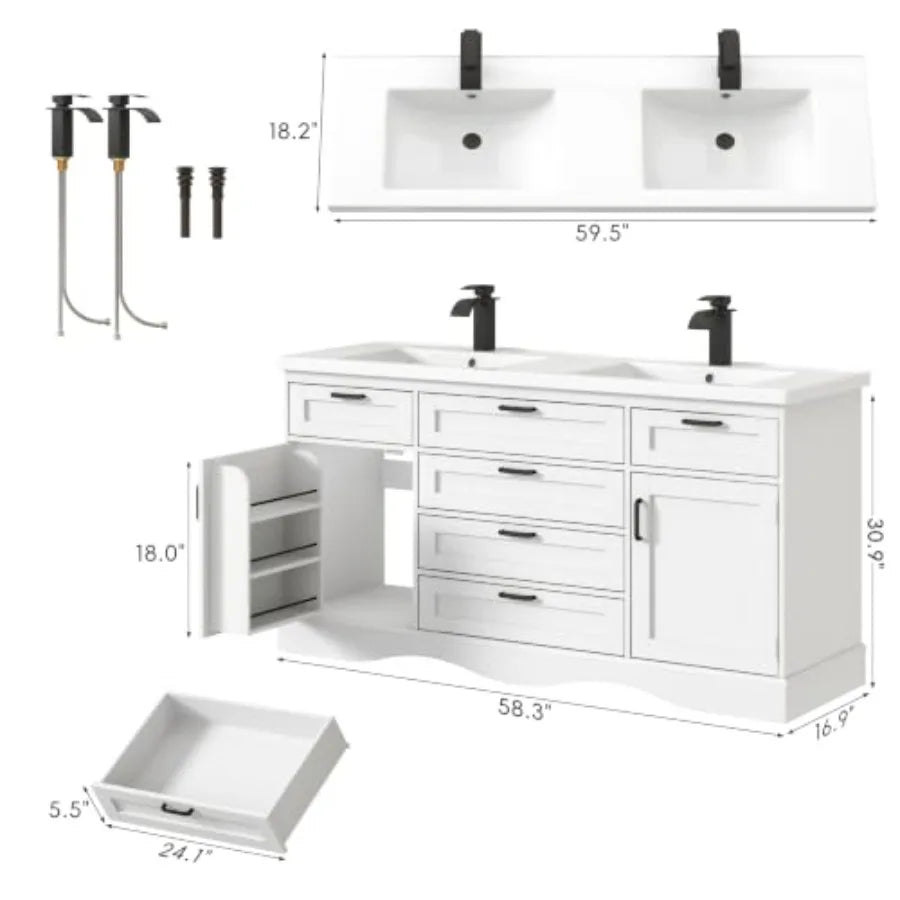 Bathroom vanity cabinet with double sink for modern bathrooms, MDF wood in white finish, featuring 2 storage doors and 3 flip-t