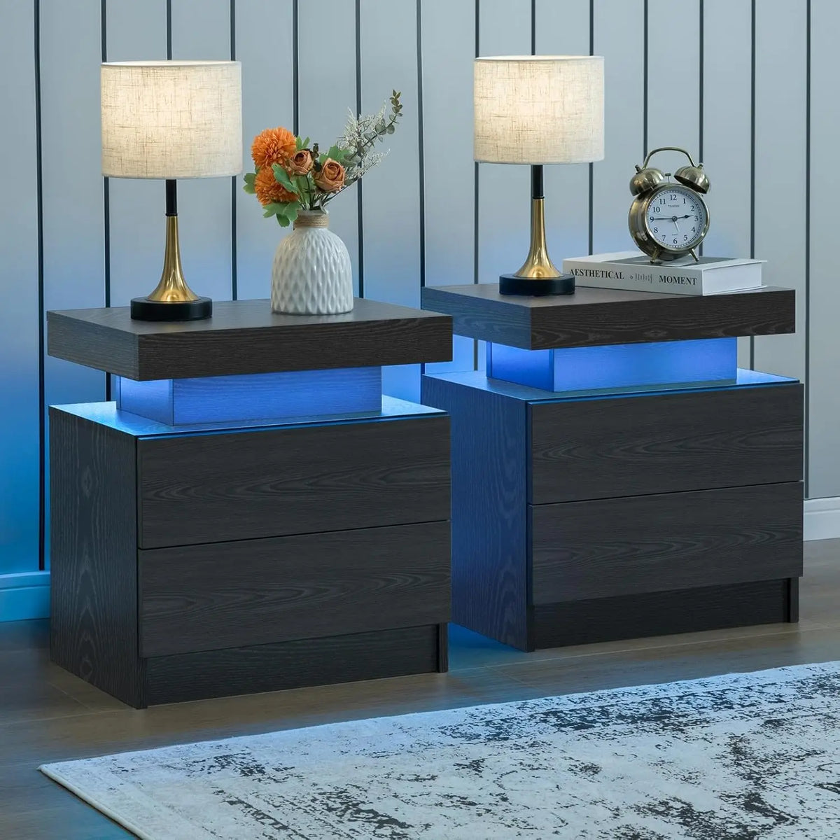 Cubehom LED Nightstand Set With Two Drawers and Bedside Lighting