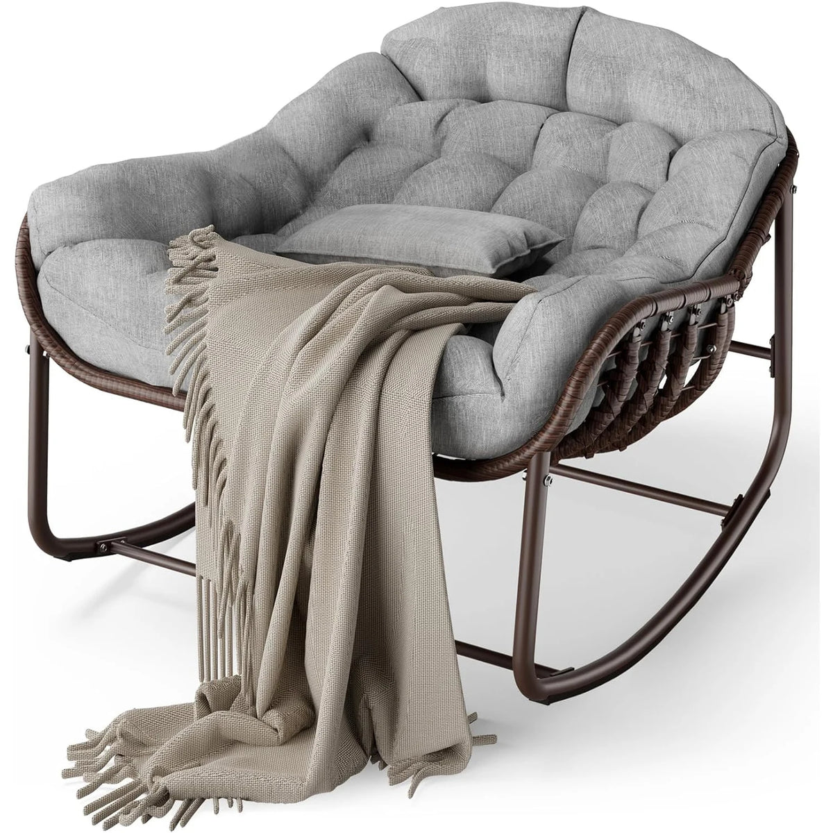 HiMISS Papasan Egg Rocking Chair Outdoor Wicker Frame With Cushion