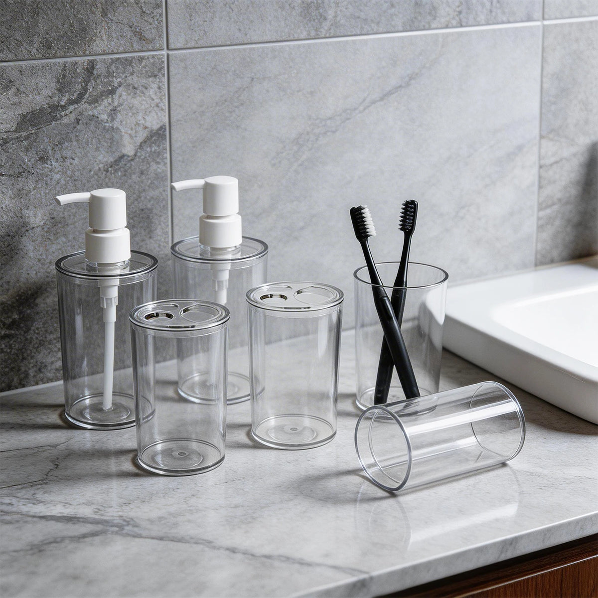 Bathroom Accessory Set With Toothbrush Holders And Soap Dispensers