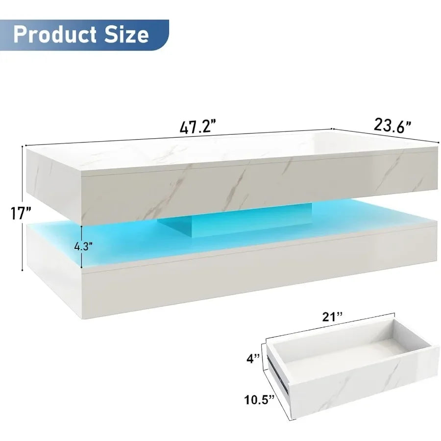 Modern Gloss LED Center Table With Two Tier Storage Drawers
