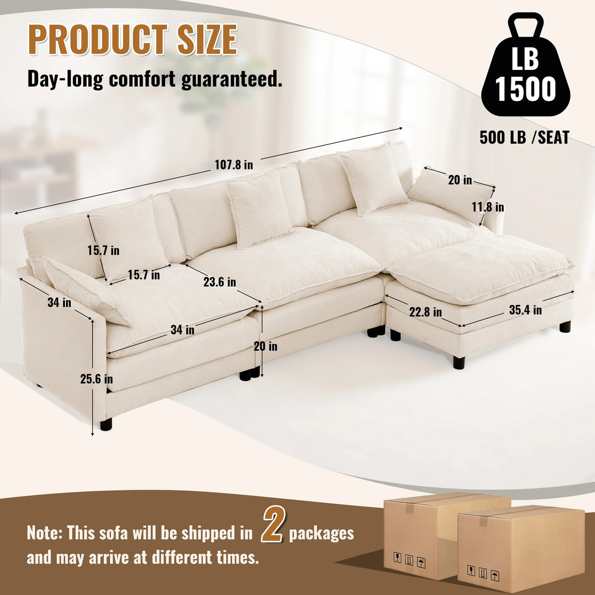 Redlife 107" Modular Sectional Sofa Set with Ottoman, L-Shaped Convertible Couch, 3-Seats Chenille Deep Seat Sofa with Pillows for Living Room, Bedroom and Apartment